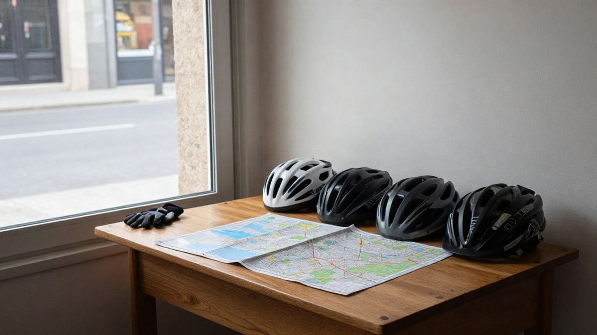 Illustrative image: wooden table with cycling helmets and a folded map next to a window with side light