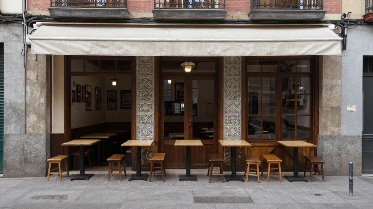 Illustrative image: side facade of a traditional tavern with wooden tables on a street in Madrid under cloudy daylight