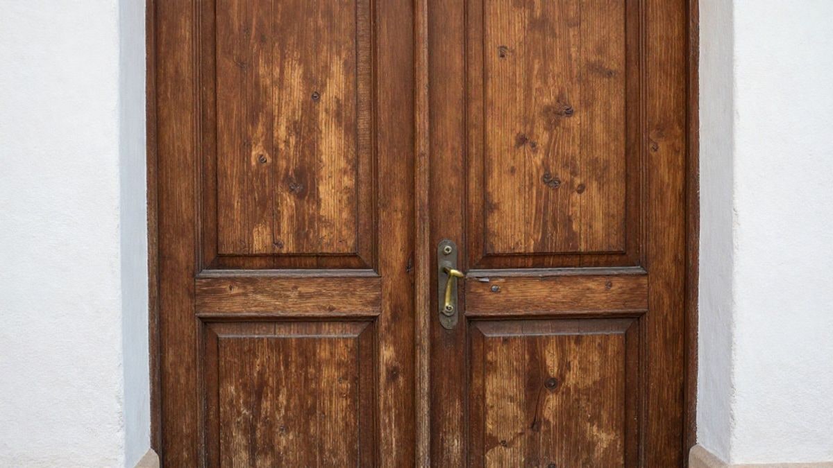 Imagen ilustrativa: detalle de una puerta de madera y un tirador de latón en una fachada corriente de Madrid