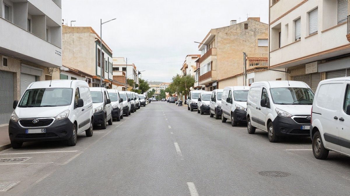Illustrative image: white vans parked on a regular street in an office area, with a cloudy sky