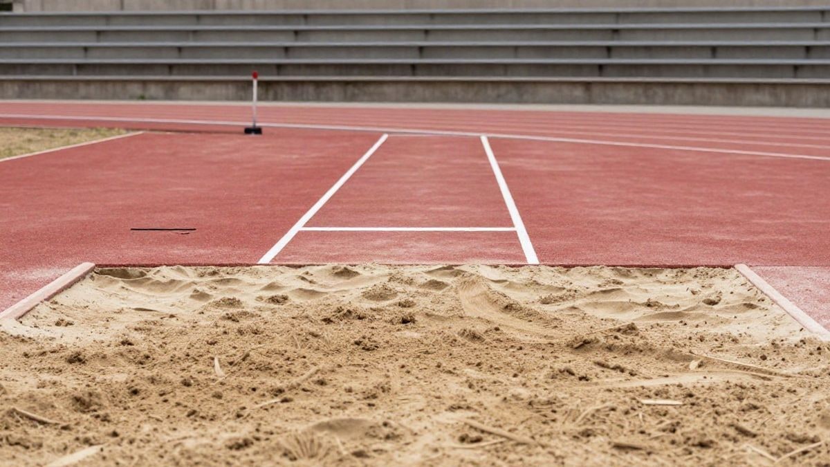 Imagen ilustrativa: foso de arena y pista de salto de longitud de un recinto de atletismo vacío, con luz de día nublado