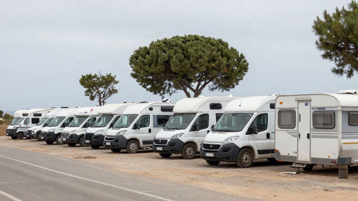 Imagen ilustrativa: caravanas y furgonetas estacionadas en un descampado en una zona rural de Ibiza.