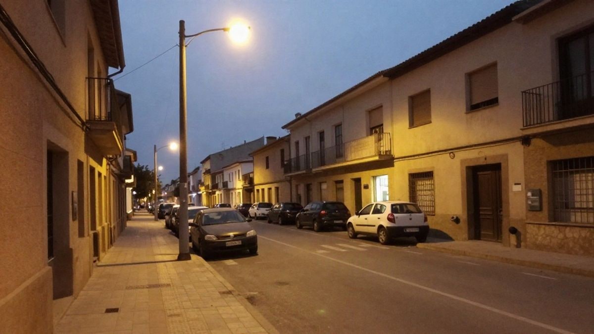 Illustrative image: residential street at night with streetlights on and power lines