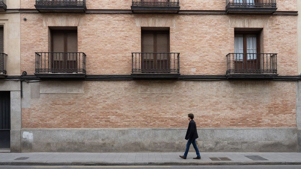 Imagen ilustrativa: fachada de un edificio residencial antiguo de ladrillo en una calle corriente, con un peatón lejano de espaldas