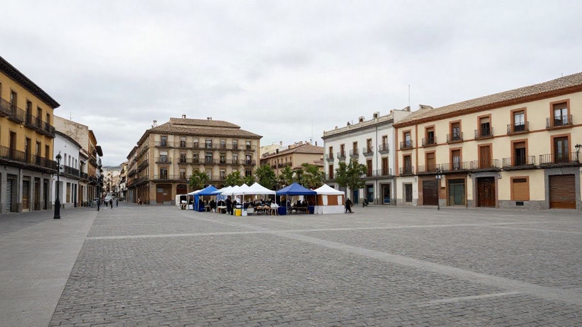 Imagen ilustrativa: una plaza española con tiendas de campaña al fondo y amplio espacio vacío en primer plano