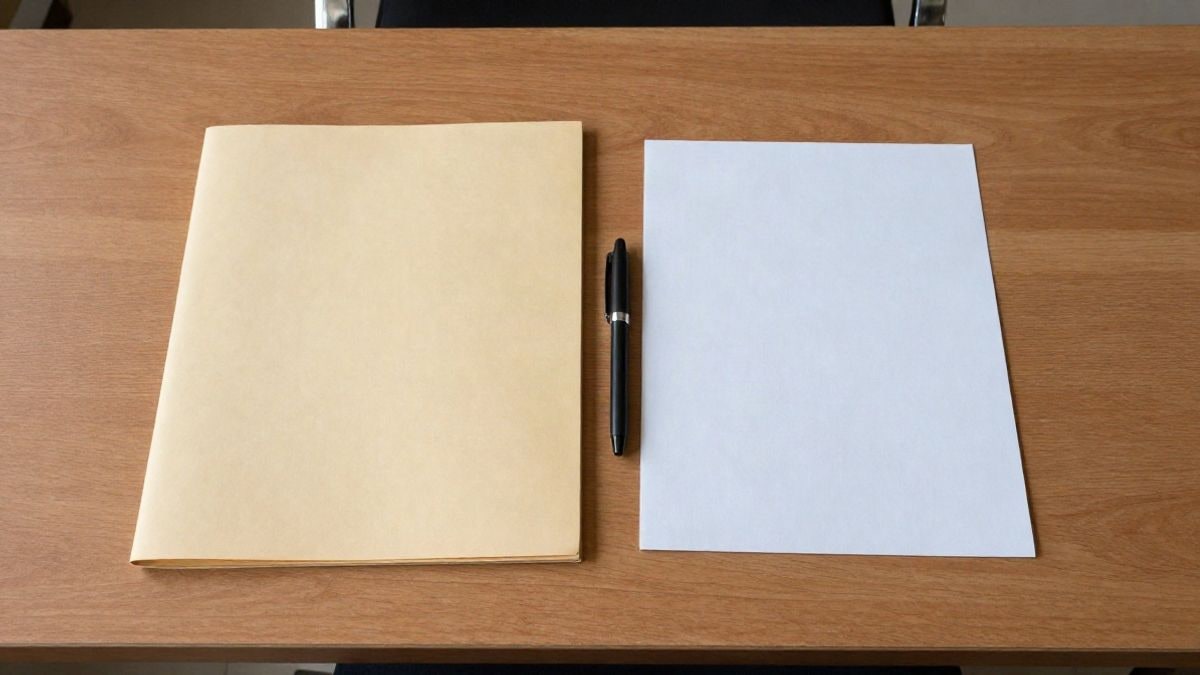 Imagen ilustrativa: mesa de madera vista desde arriba con una carpeta cerrada, un bolígrafo y una hoja en blanco
