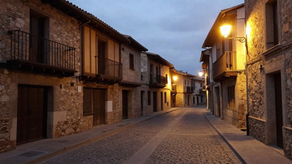 Illustrative image: cobbled street of a Spanish medieval village lit by street lamps