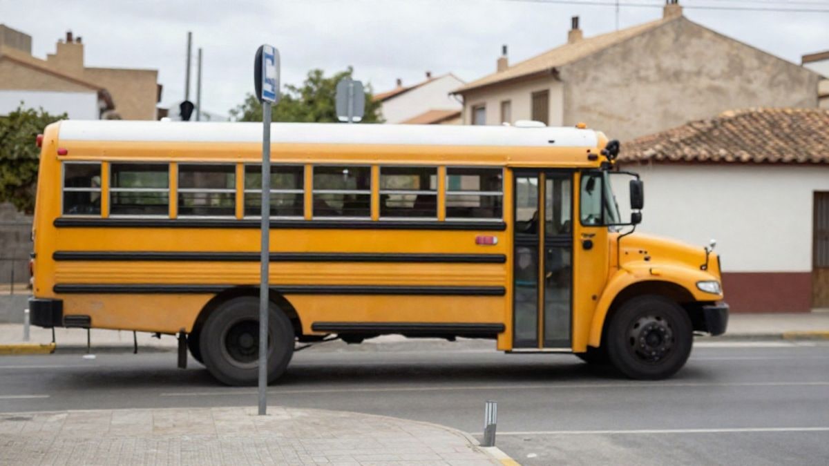Imagen ilustrativa: autobús escolar amarillo aparcado junto a una parada en una calle residencial