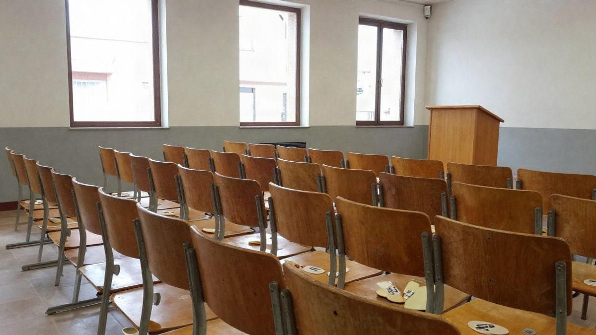 Imagen ilustrativa: sala de subastas vacía con sillas de madera alineadas y un atril al fondo, vista lateral