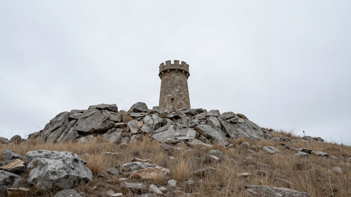 Imagen ilustrativa: cerro granítico con una torre de vigilancia de piedra recortada contra el cielo