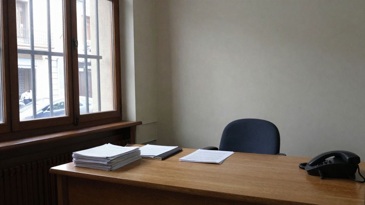 Illustrative image: empty institutional office with side window light and documents on the table