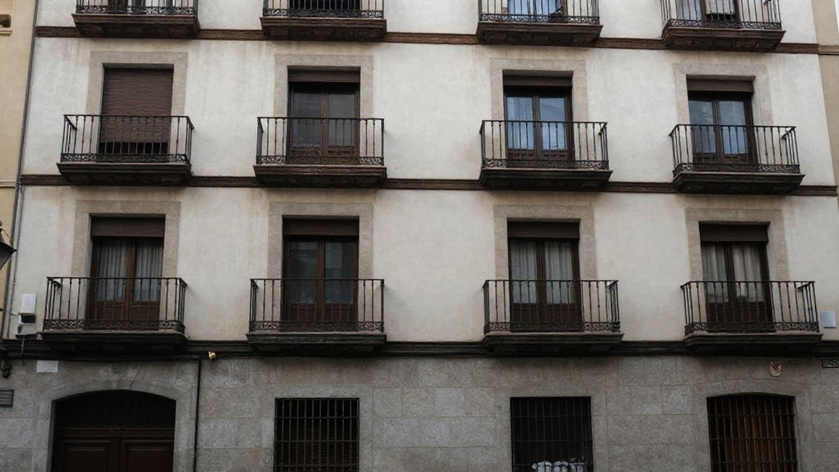 Imagen ilustrativa: fachada de un edificio urbano con balcones vacíos en una calle corriente de una ciudad española