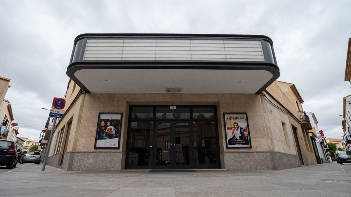 Imagen ilustrativa: entrada de un teatro genérico con carteles y cielo nublado al fondo