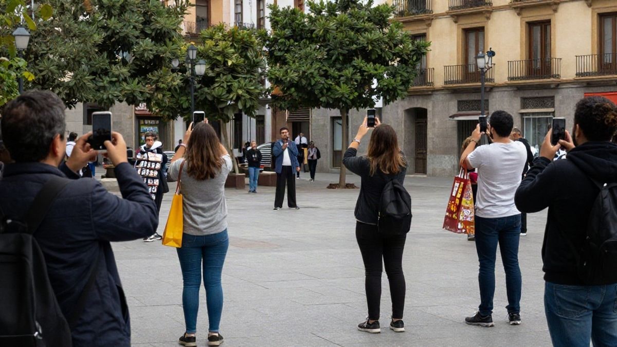 Illustrative image: a busy Madrid square with tourists taking photos and souvenir bags