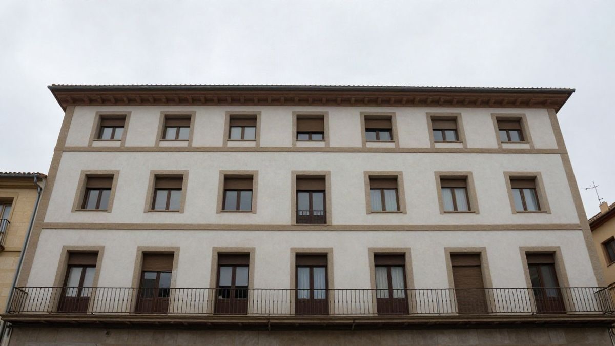 Illustrative image: simple facade of a municipal building under a cloudy sky, viewed from the street