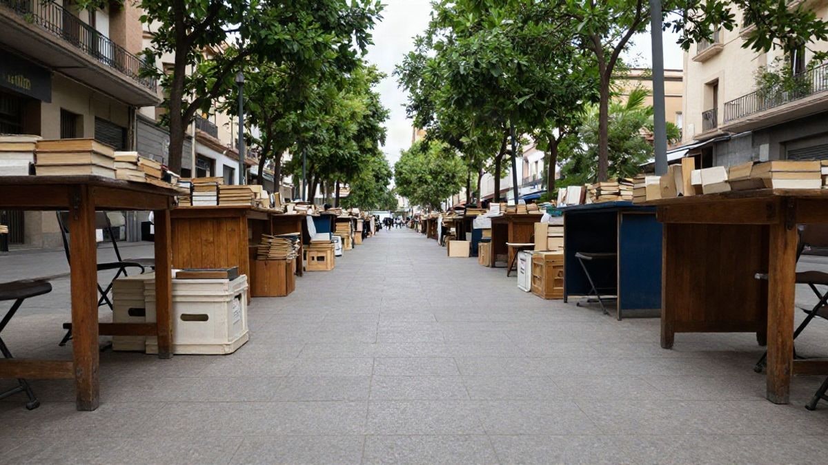 Imagen ilustrativa: casetas de libros de segunda mano al aire libre en un paseo urbano arbolado
