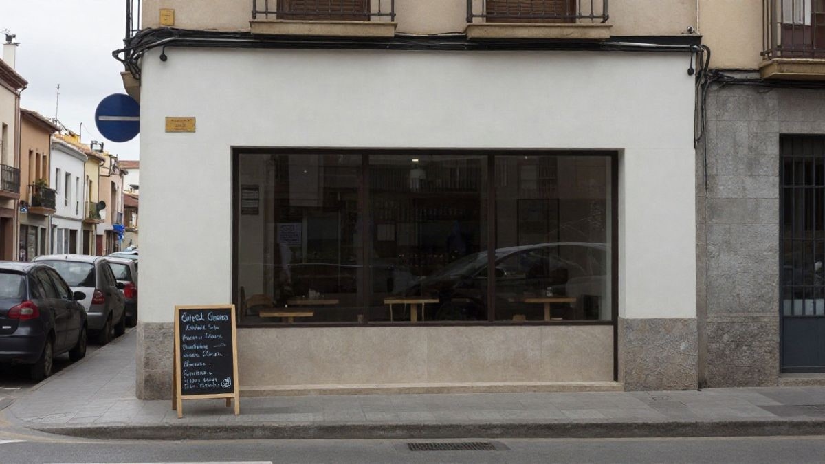 Imagen ilustrativa: fachada de un restaurante corriente con una pizarra de menú en la acera