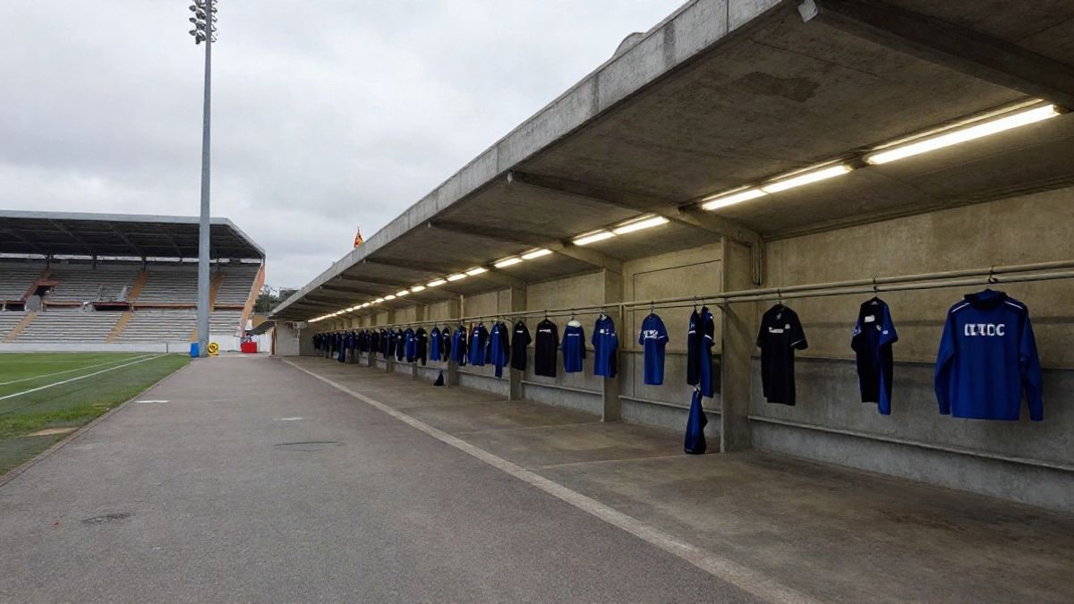 Imagen ilustrativa: túnel de vestuarios de un estadio de fútbol con las gradas vacías y focos encendidos