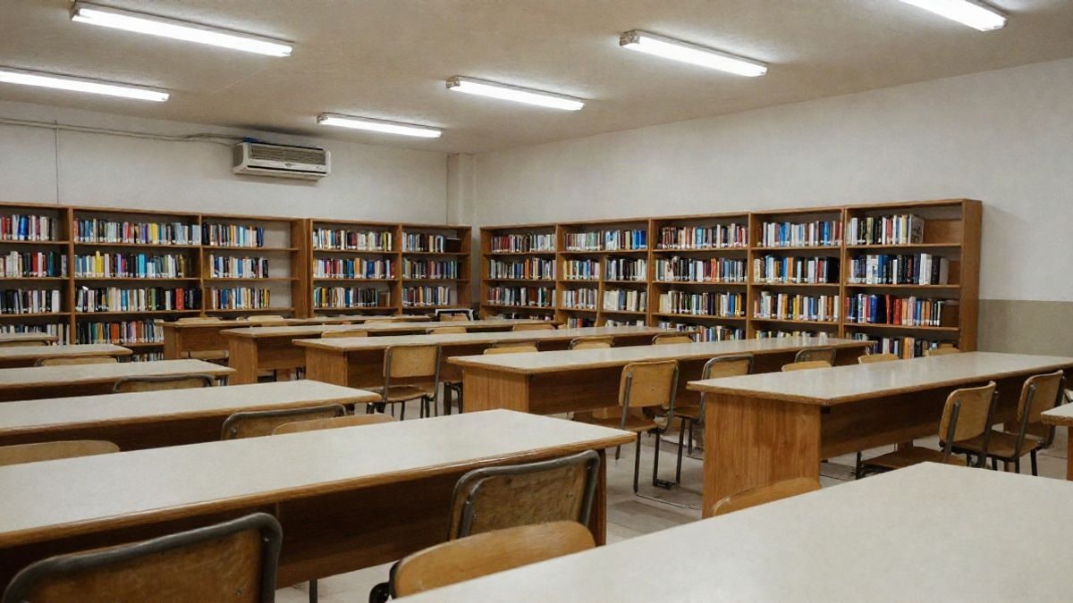 Imagen ilustrativa: sala de lectura de una biblioteca pública con mesas y sillas vacías y un equipo de aire acondicionado en la pared