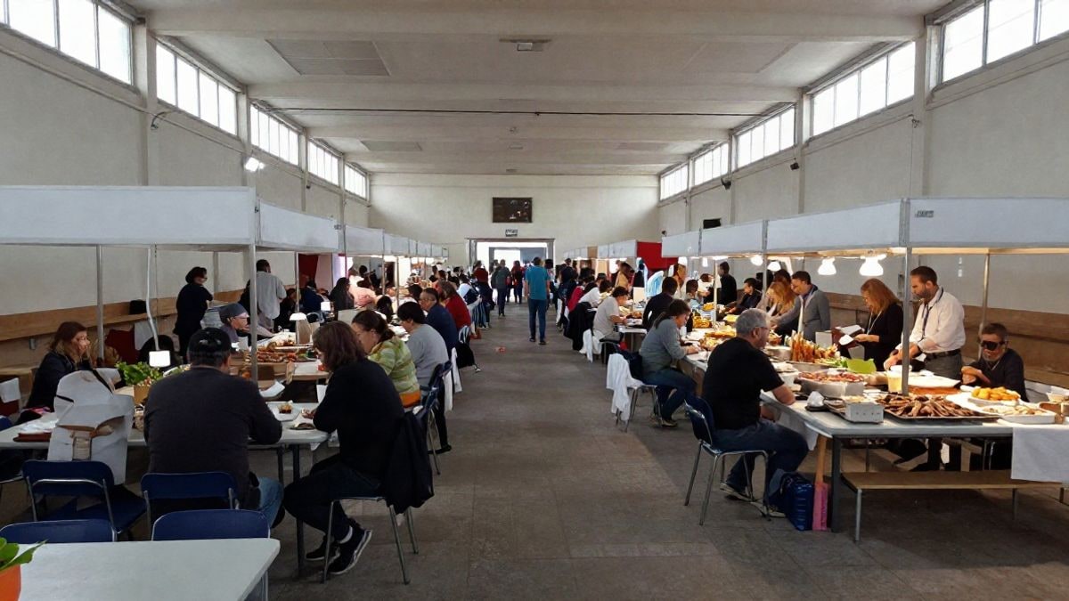 Imagen ilustrativa: gran angular de un pabellón municipal con puestos gastronómicos alineados