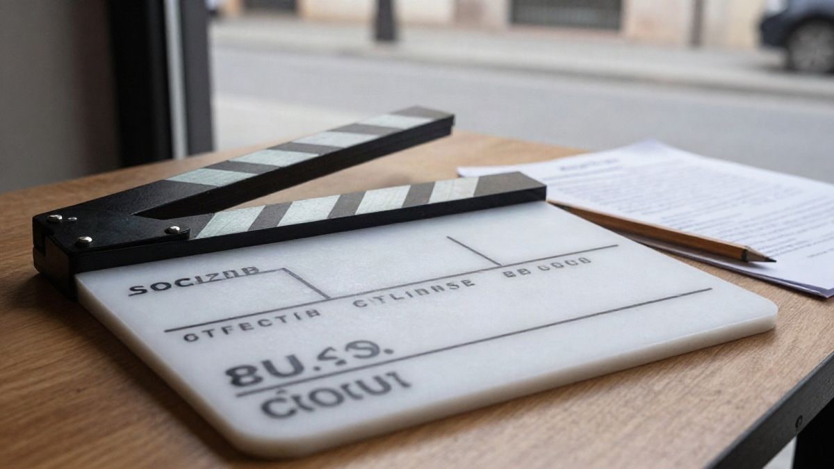 Illustrative image: detail of a film clapperboard on a wooden table next to a folded script and a pencil