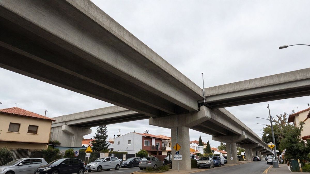 Imagen ilustrativa: viaducto de hormigón sobre una calle residencial vista desde el suelo con el cielo al fondo