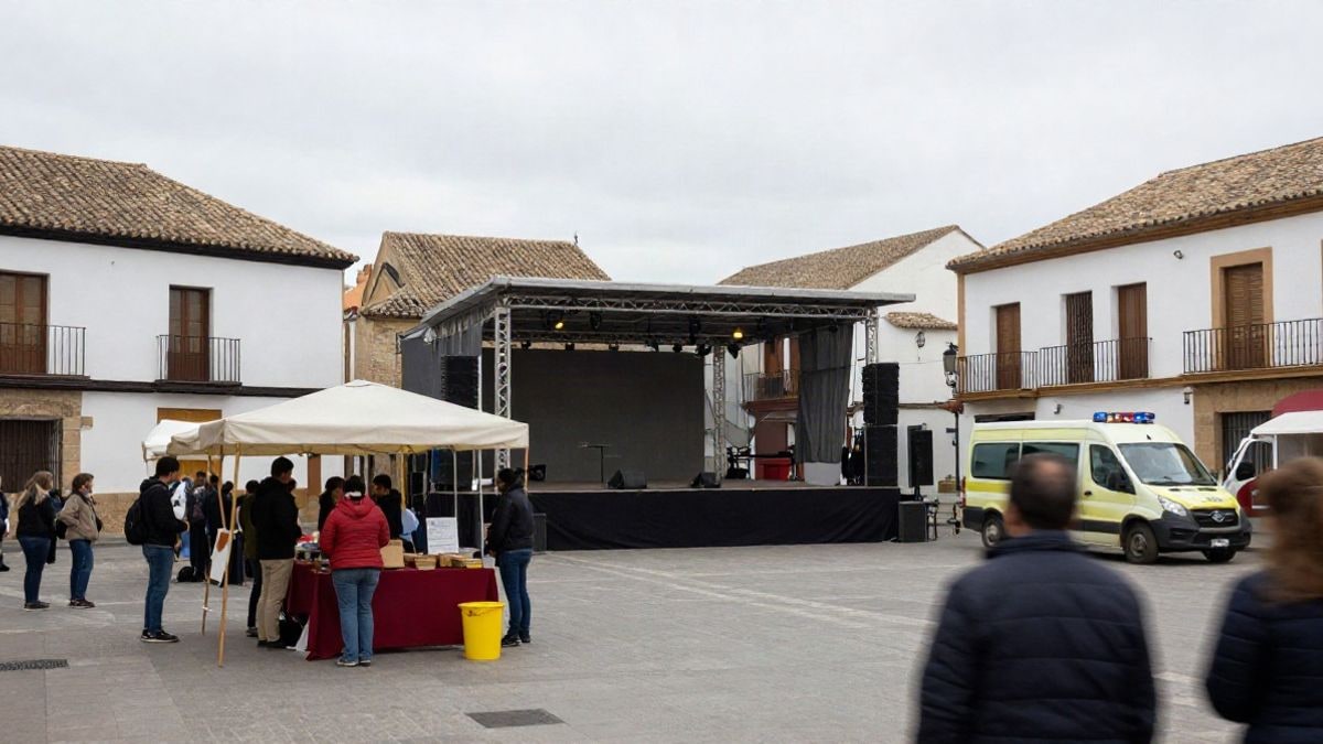 Imagen ilustrativa: plaza de un pueblo español con un escenario y casetas montados para las fiestas, y una ambulancia aparcada al fondo.