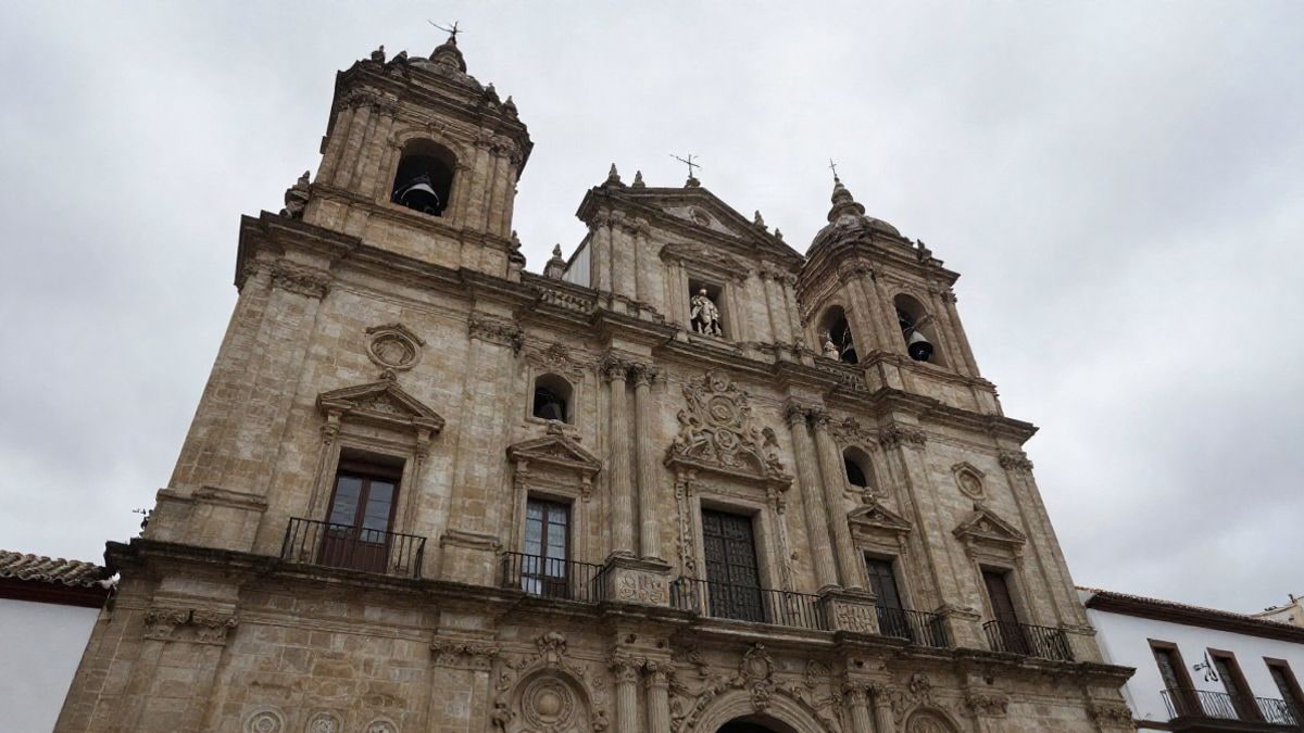 Imagen ilustrativa: fachada de un palacio histórico español vista en ángulo bajo con cielo nublado
