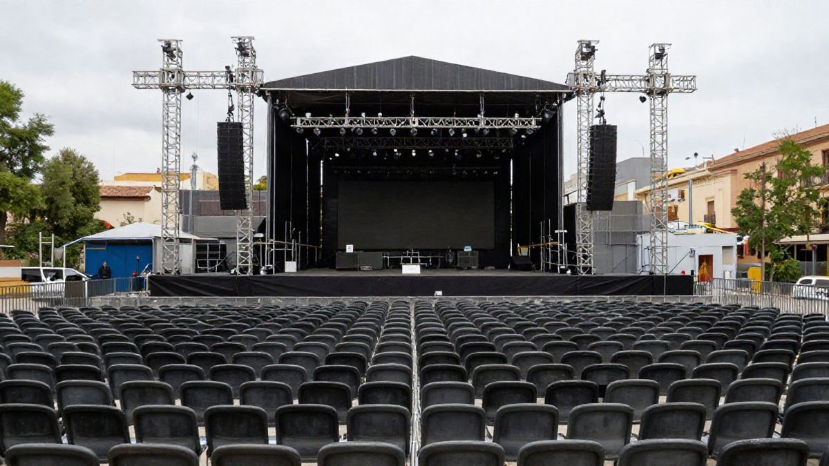 Imagen ilustrativa: gran angular de un escenario de conciertos en montaje con gradas vacías y líneas que convergen