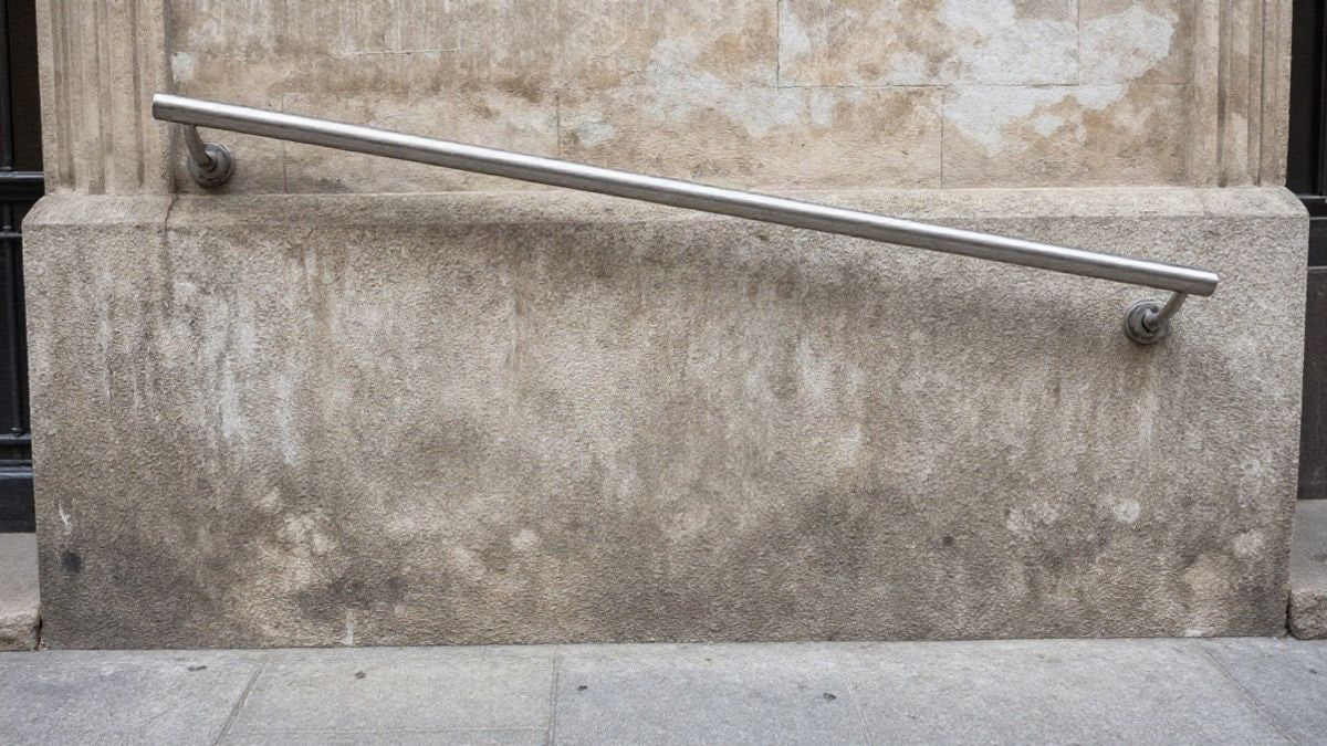 Imagen ilustrativa: detalle de una barandilla de acero y un muro de hormigón en una acera urbana