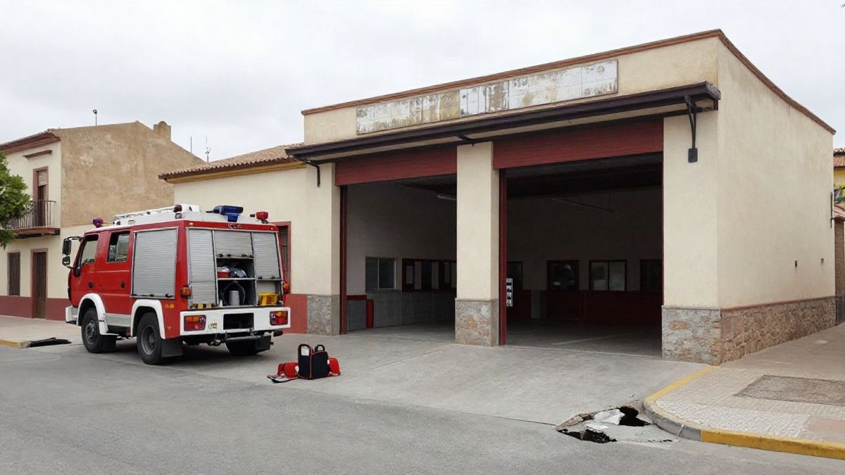 Imagen ilustrativa: fachada de un parque de bomberos municipal con un camión viejo y una zona del suelo hundida.