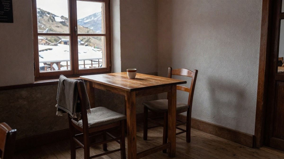Imagen ilustrativa: interior sencillo de un local de pueblo de montaña con una mesa de madera y una ventana con luz lateral que deja ver una ladera nevada