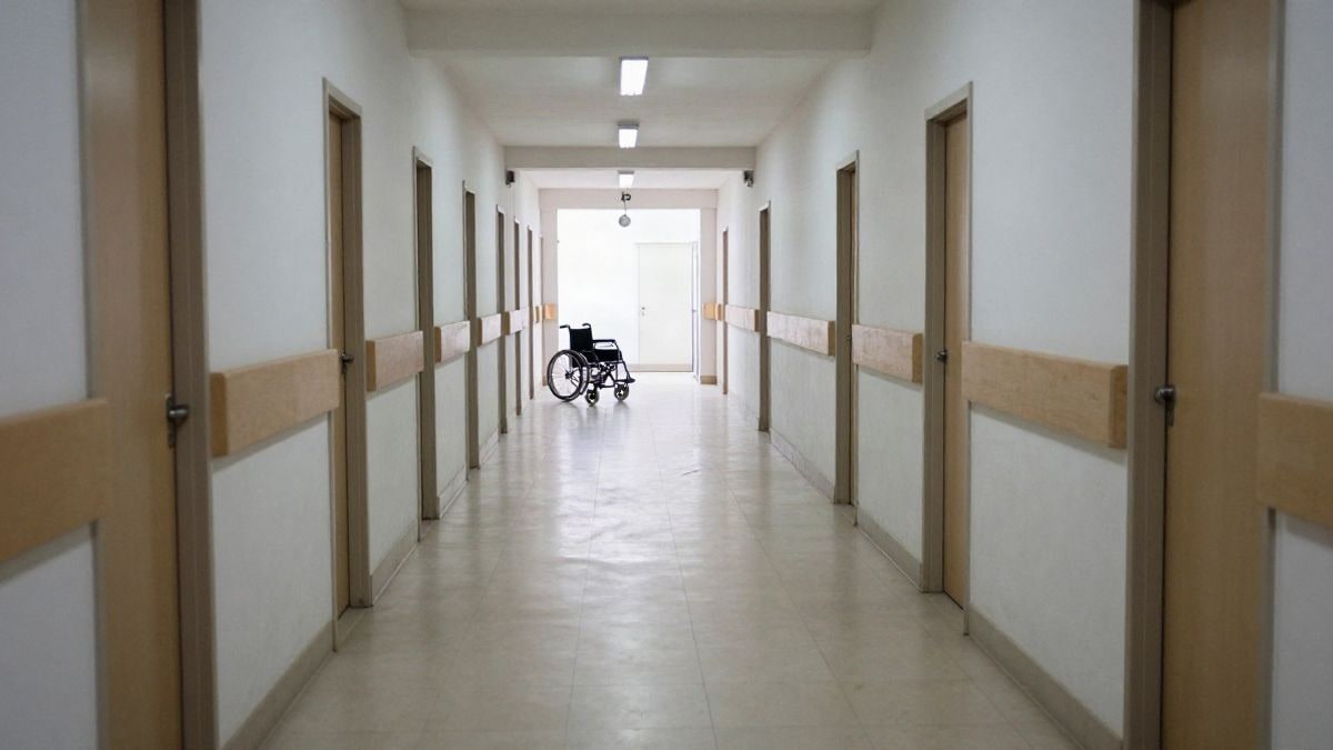 Illustrative image: hospital corridor with a wheelchair in the background