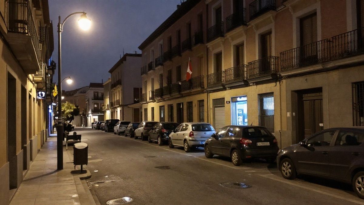 Imagen ilustrativa: calle urbana de noche iluminada por farolas, con coches aparcados y fachadas corrientes