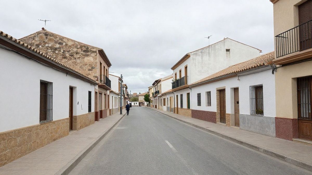 Imagen ilustrativa: calle residencial española en un día nublado con una figura lejana y edificios bajos