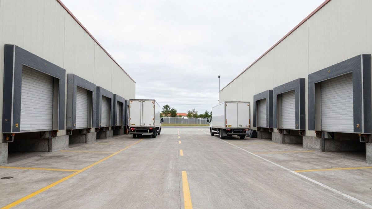 Illustrative image: loading docks of a generic logistics warehouse with trucks parked under a cloudy sky