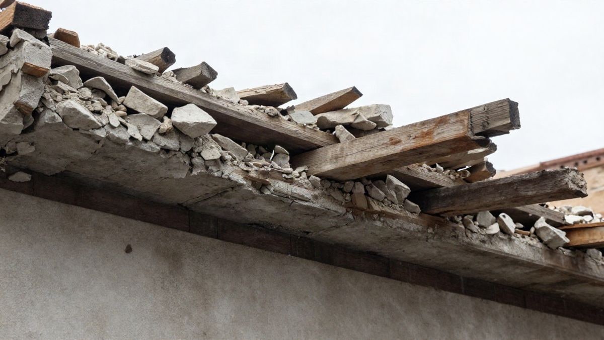 Imagen ilustrativa: detalle de hormigón agrietado y vigas de madera entre escombros tras un derrumbe