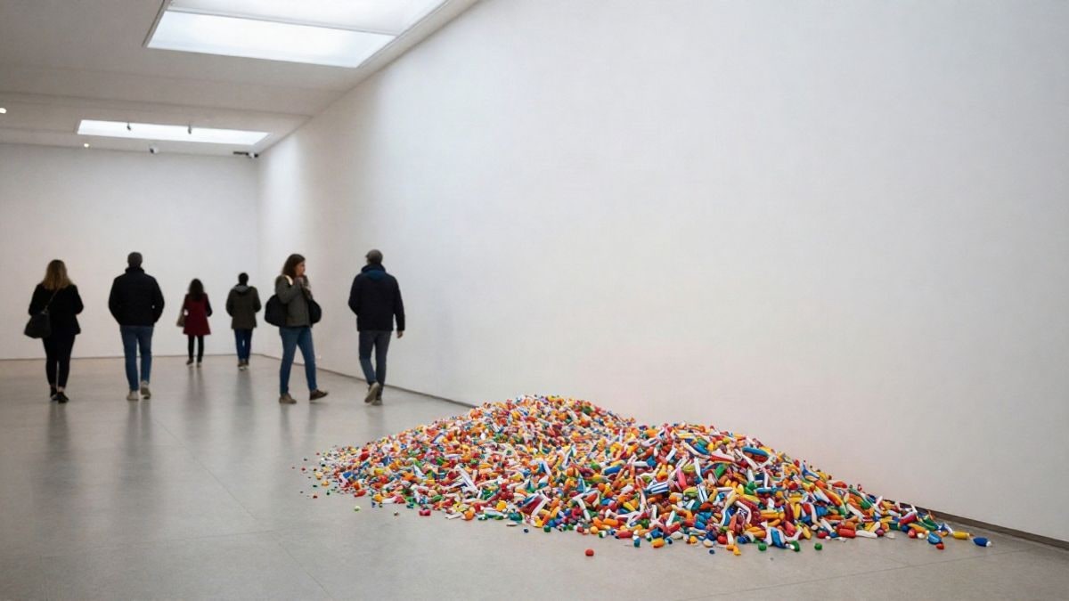Illustrative image: conceptual installation of coloured candies on the floor of a museum room