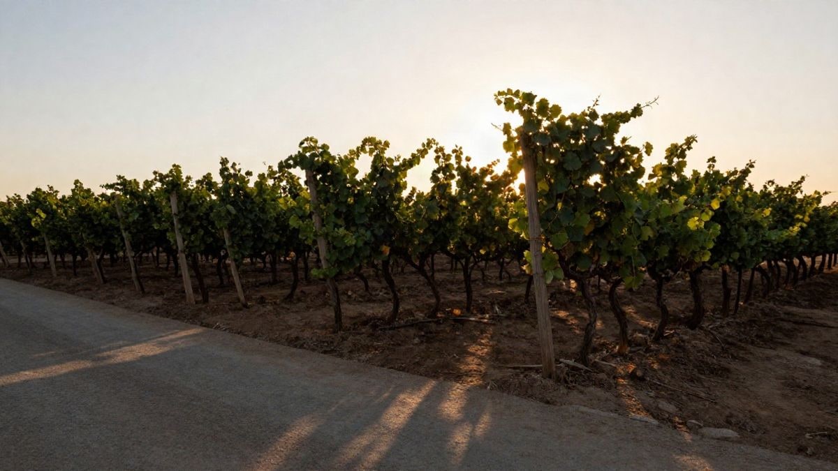 Imagen ilustrativa: viñedo al atardecer con sombras alargadas y siluetas de vides