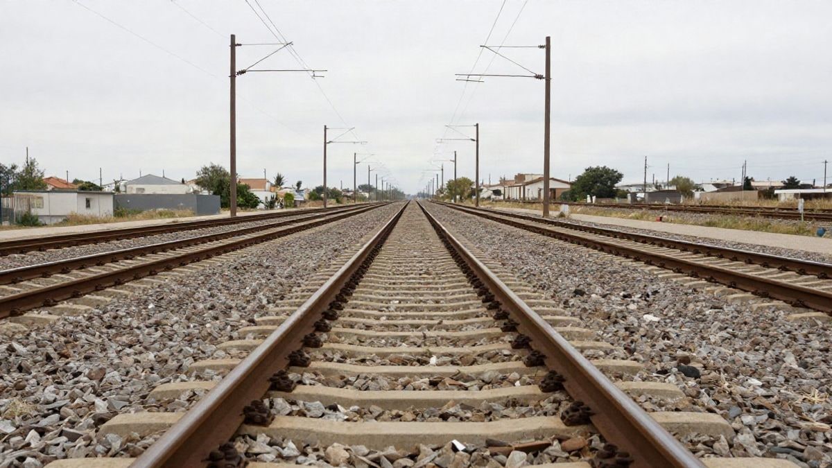 Imagen ilustrativa: vía ferroviaria vacía con balasto y postes de catenaria bajo cielo nublado