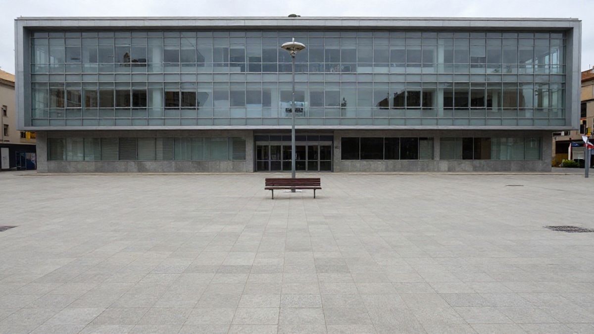 Illustrative image: empty square in front of a modern glass-fronted university building, with a lamp post and a bench on one side