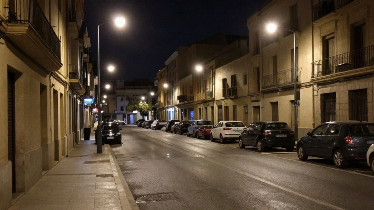 Imagen ilustrativa: calle urbana de noche iluminada por farolas, con fachadas corrientes y coches aparcados