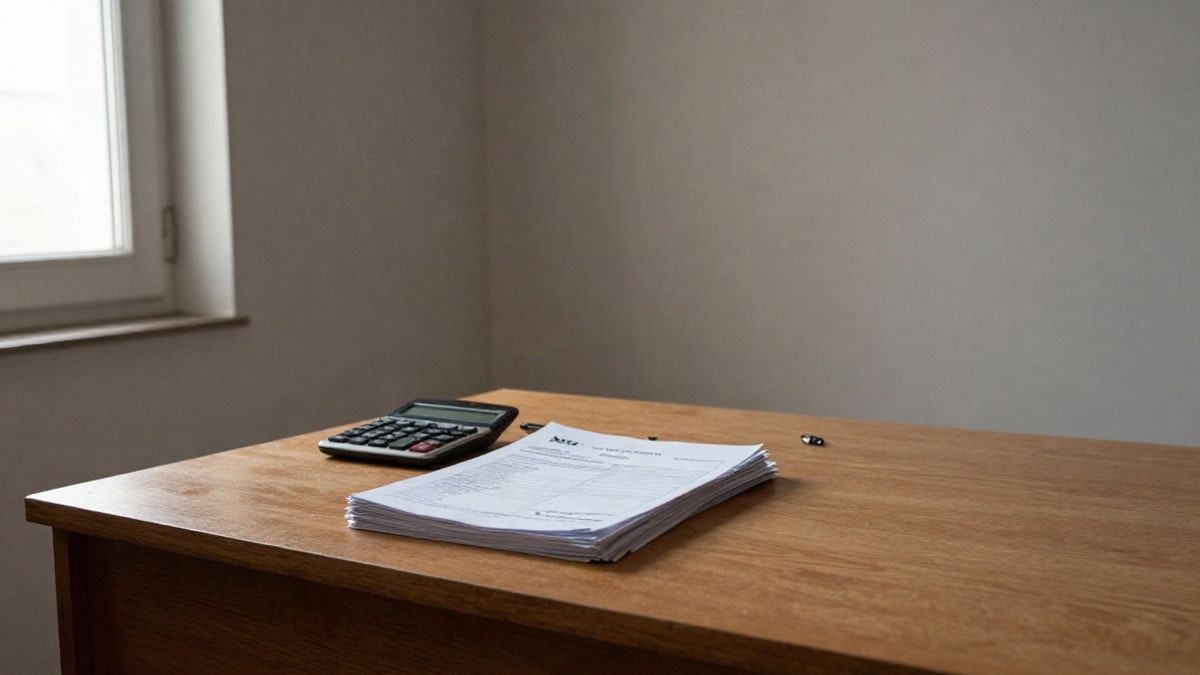 Imagen ilustrativa: mesa de oficina con recibos, calculadora y luz de ventana lateral