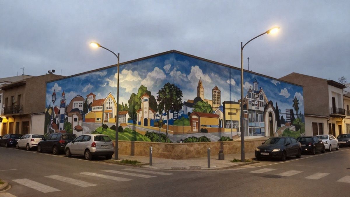 Imagen ilustrativa: fachada de un centro cívico con un mural pintado, iluminada por farolas durante la noche