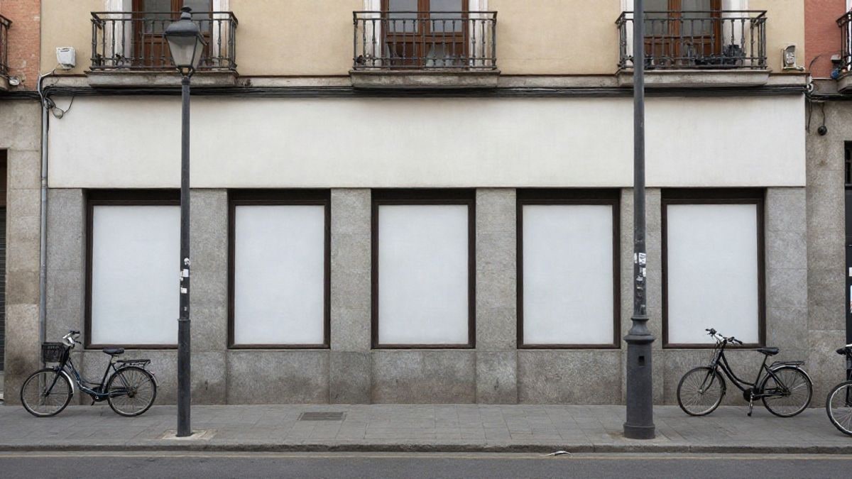 Illustrative image: simple facade of a concert hall on a street in Madrid with white posters