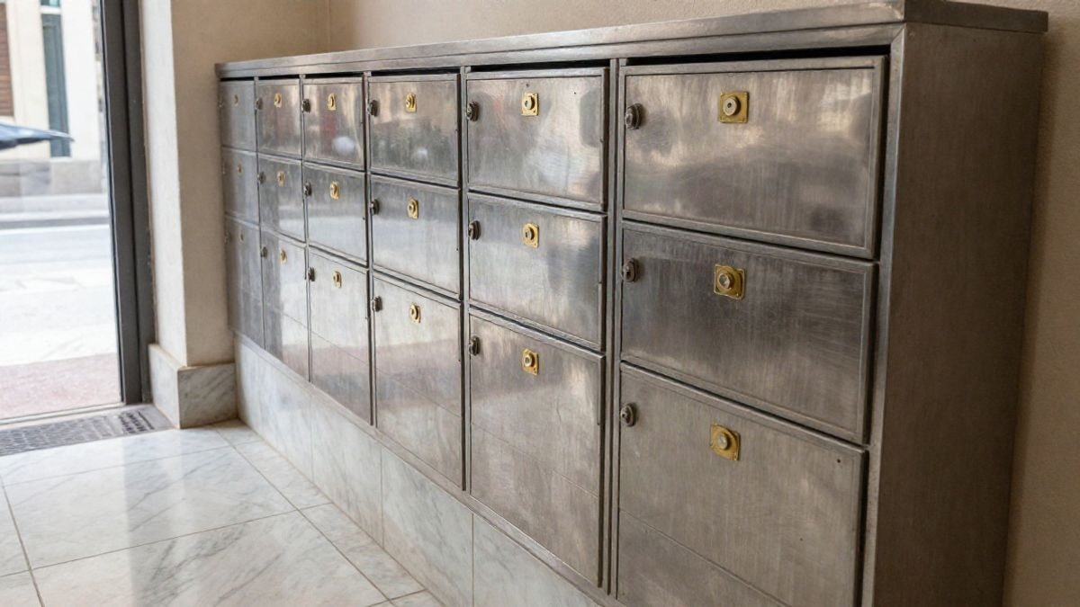 Illustrative image: detail of a row of metal mailboxes at the entrance of a residential building