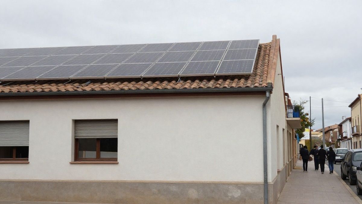 Imagen ilustrativa: fachada de un colegio público con placas solares en el tejado, bajo un cielo nublado