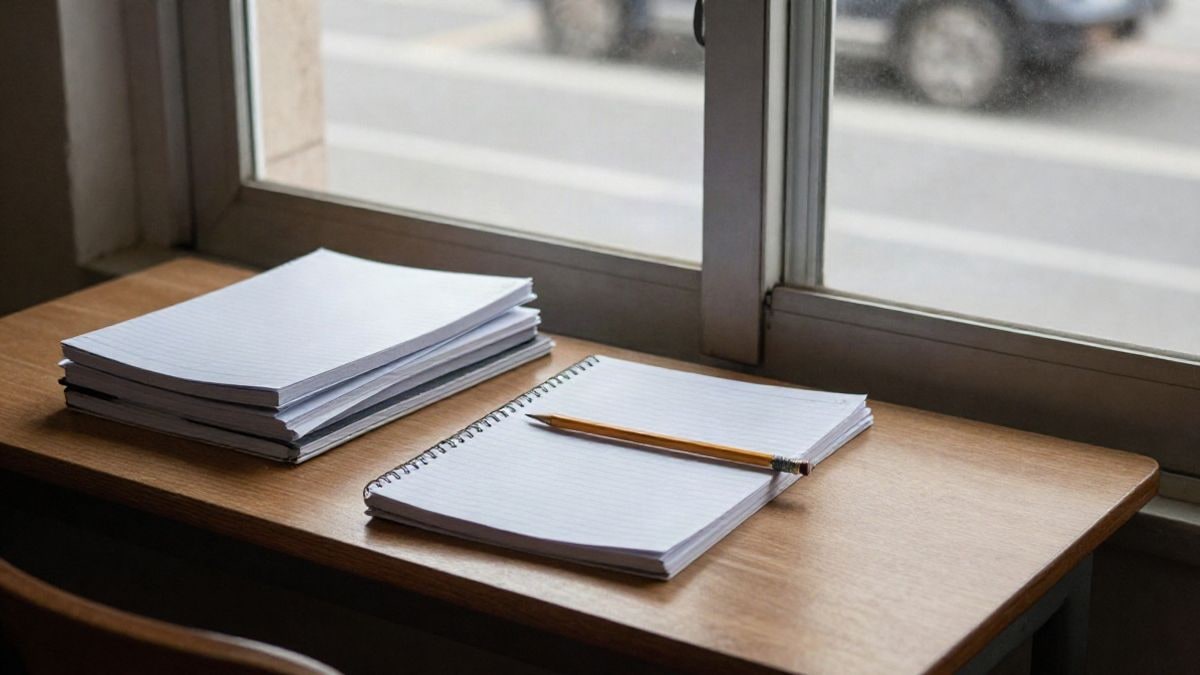 Imagen ilustrativa: cuadernos cerrados y un lápiz sobre una mesa de madera junto a una ventana con luz de día nublado