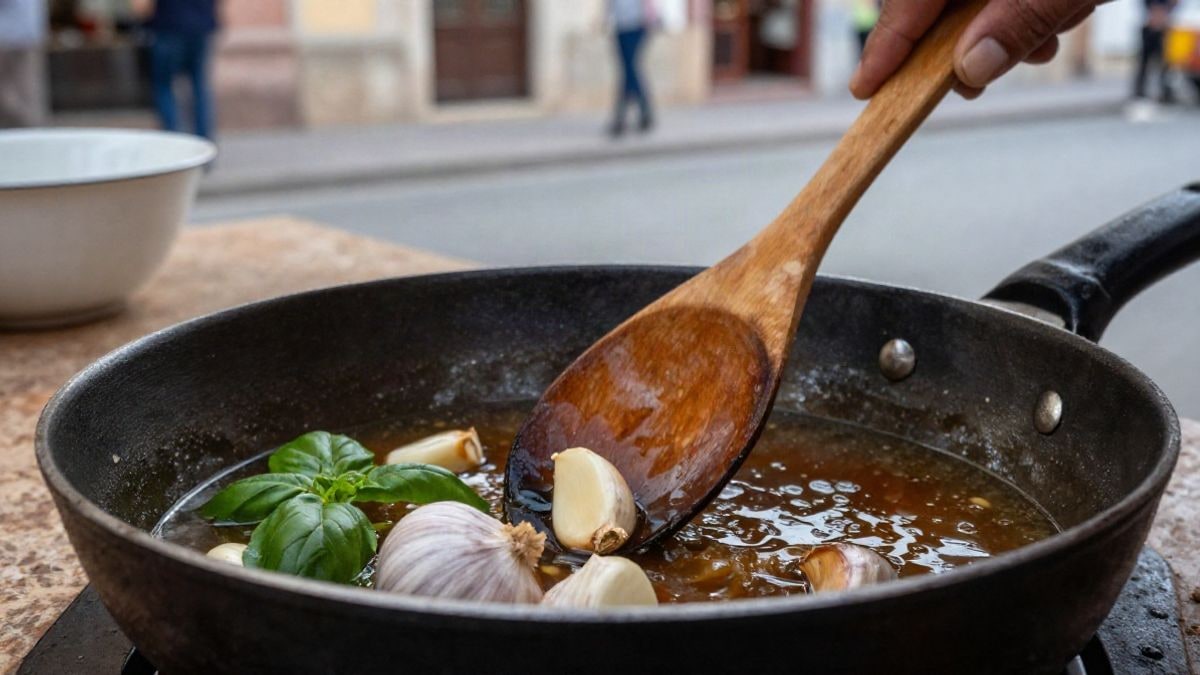 Illustrative image: close-up of a wooden spoon stirring tomato sauce in a pan