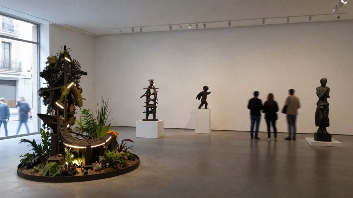 Imagen ilustrativa: sala de exposición con esculturas abstractas de acero y elementos naturales, con una gran pieza circular iluminada en el centro.